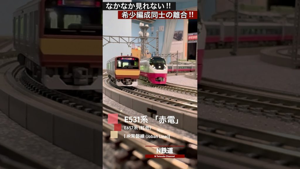 [最高のカーブ‼︎] JR常磐線 E531系｢赤電」とE657系(紅色)のすれ違いを再現‼︎ #nゲージ #kato #常磐線 #jr東日本 #modeltrains #e531系 #鉄道模型 #赤電