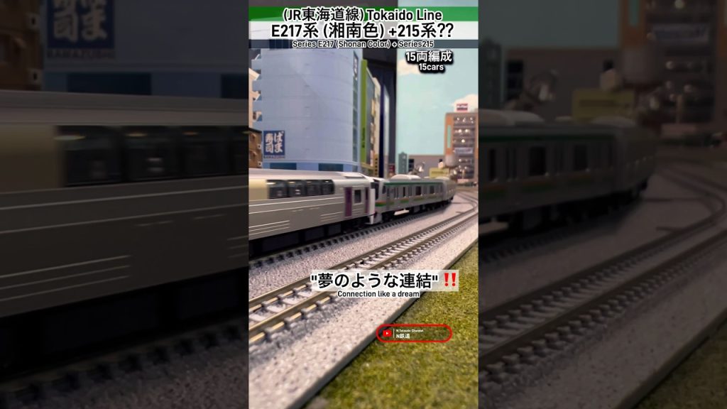 [異種併結‼︎]夢の連結‼︎ E217系(湘南色) & 215系 混結15両編成の走行シーンを再現‼︎ #東海道線 #e217系 #nゲージ #湘南色 #jr東日本 #tomix #215系 #連結