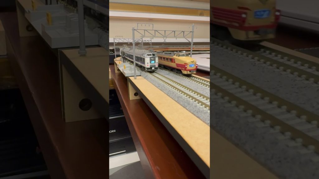 (Nゲージ鉄道模型 深夜の書斎デスクトップミニレイアウト)TOMIX 489系「さよなら能登」、TOMIX 583系「急行きたぐに」 走行シーン