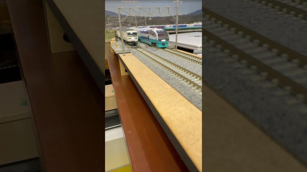 (Nゲージ鉄道模型 2畳書斎のデスクトップミニレイアウト)TOMIX 185系踊り子 新塗装、TOMIX 251系スーパービュー踊り子 走行シーン