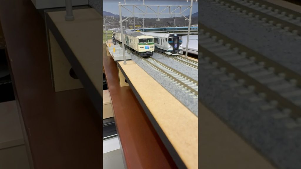 (Nゲージ鉄道模型 2畳書斎のデスクトップミニレイアウト)TOMIX 185系200番代、KATO E257系2000番代 特急踊り子 走行シーン
