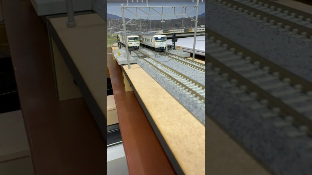 (Nゲージ鉄道模型 書斎のデスクトップミニレイアウト)TOMIX 185系踊り子 新湘南色、斜めストライプ編成 走行シーン